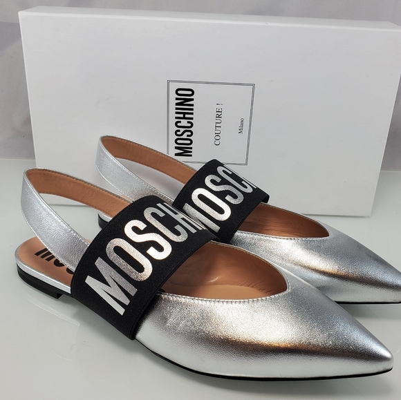 Moschino Shoes - NWT$515 Moschino Logo Strap Silver Slingback Flats